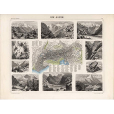 Kaart Alpen - 1863 - geïllustreerd