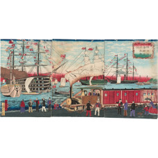 Stoomlocomotief aan de kust in Yokohama - Hiroshige -1874